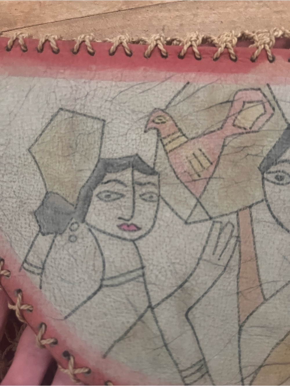 Vtg 1970s Madhubani HandPainted Jute leather macrame SlingBag Authentic Folk Art - Picture 10 of 12